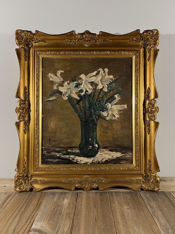 1933 Japanese Antique Lillies Floral Still Life Oil Painting Retro Art Decor