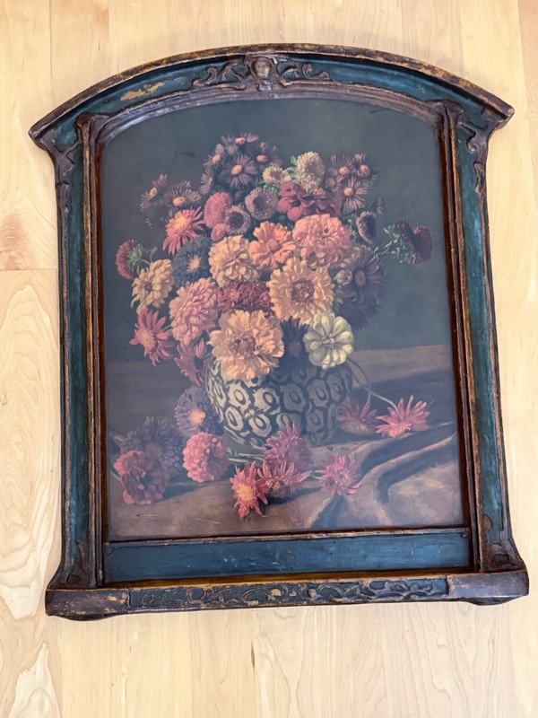 Europian 1930 Flowers in a Patterned Vase Painting With Original Frame.