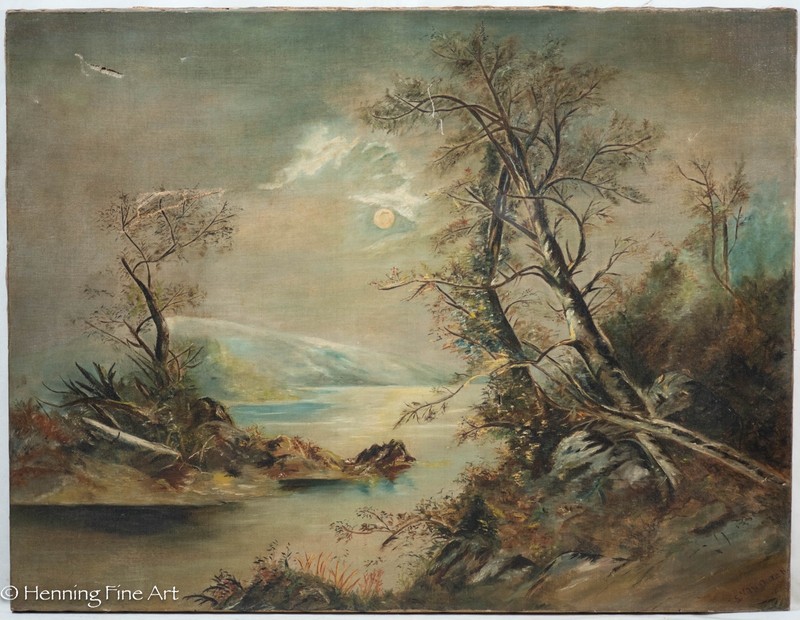 Beautiful Antique Oil Painting of River Valley Full Moon by S Van Doren 23×20″