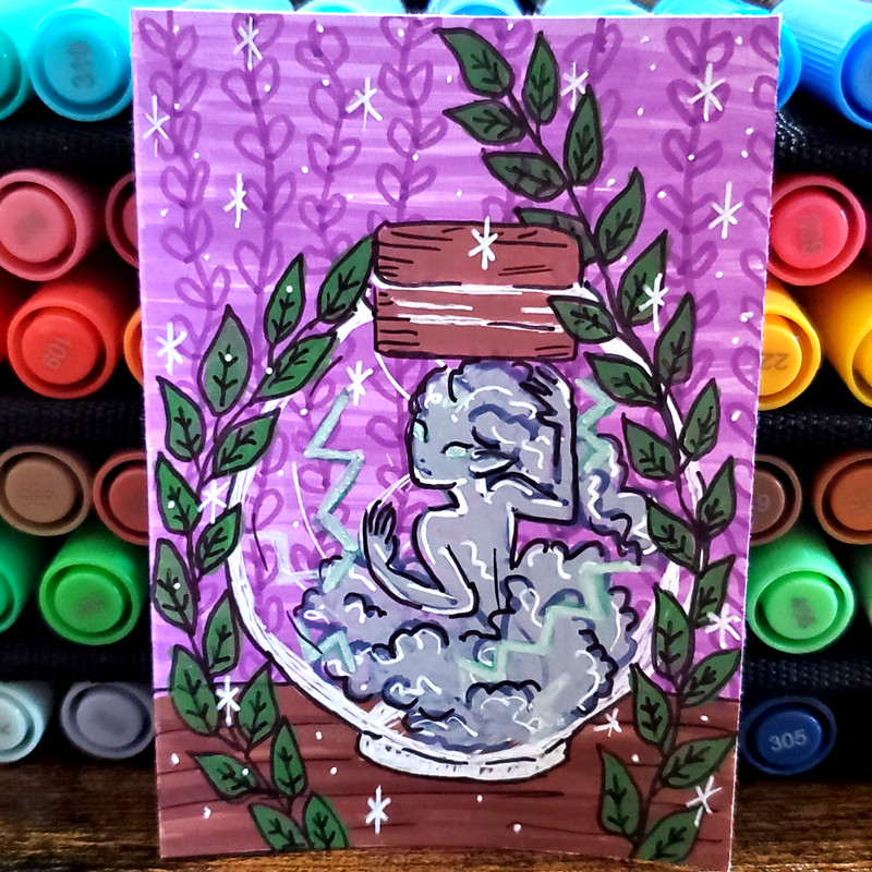 ACEO Original Art Card Elemental Witch Bottle OOAK Painting Storm Elemental