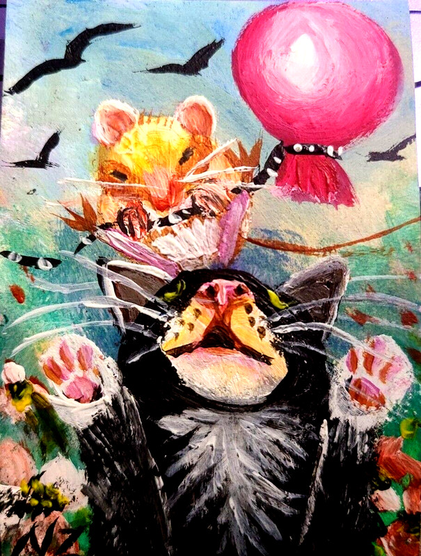 ORIGINAL ACEO CAT MOUSE BALLOON ACRYLIC PAINTING