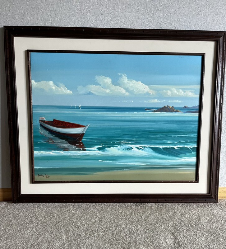 2005 Guidlay Castro Original Oil Painting “Obra Marina” Red Boat Ocean 60x80cm