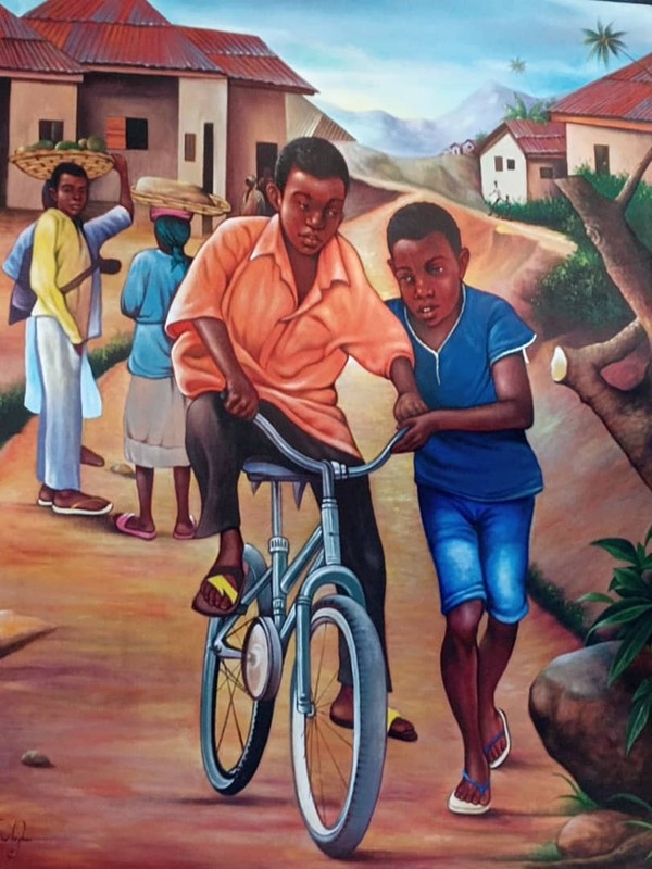 Original Haiti Painting BIKE RIDE acrylic On Canvas Artist Archer 48″x36″ NEW