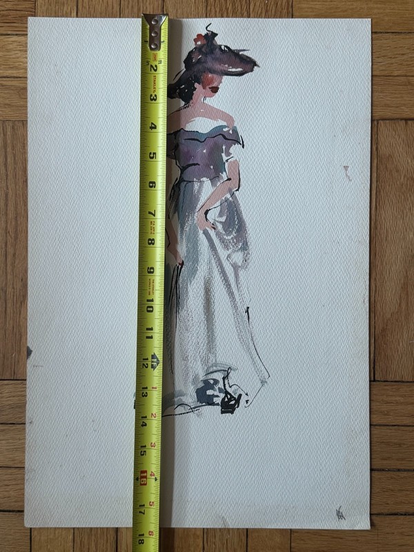 VTG 1950's MCM Watercolor Painting Woman in Dress Womens Fashion 18 x 12 gallery