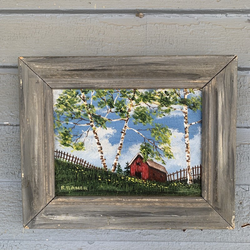 R. Baker Framed Signed Barn, Countryside Oil Painting on Canvas 5×7” RUSTIC #S7