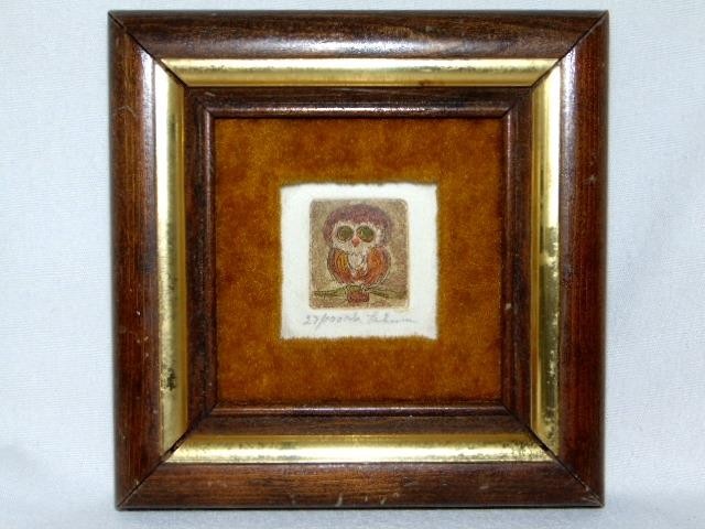 Vintage Framed Miniature Signed & Numbered Watercolor Lithograph, Big-Eyed OWL gallery