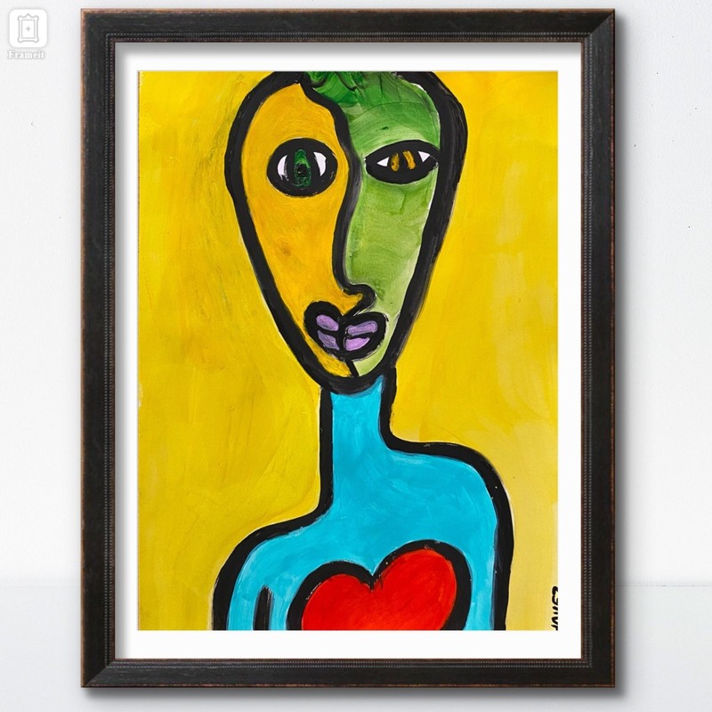 Pop Art Figure Heart Original Acrylic 9×12 Paper Folk Art Portrait Decor
