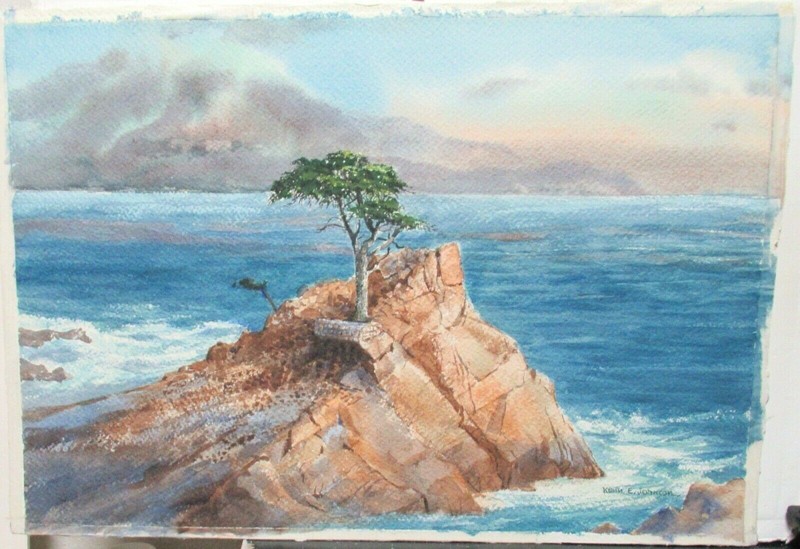 KENN E. JOHNSON LONE TREE ON A ROCK ORIGINAL WATERCOLOR SEASCAPE PAINTING