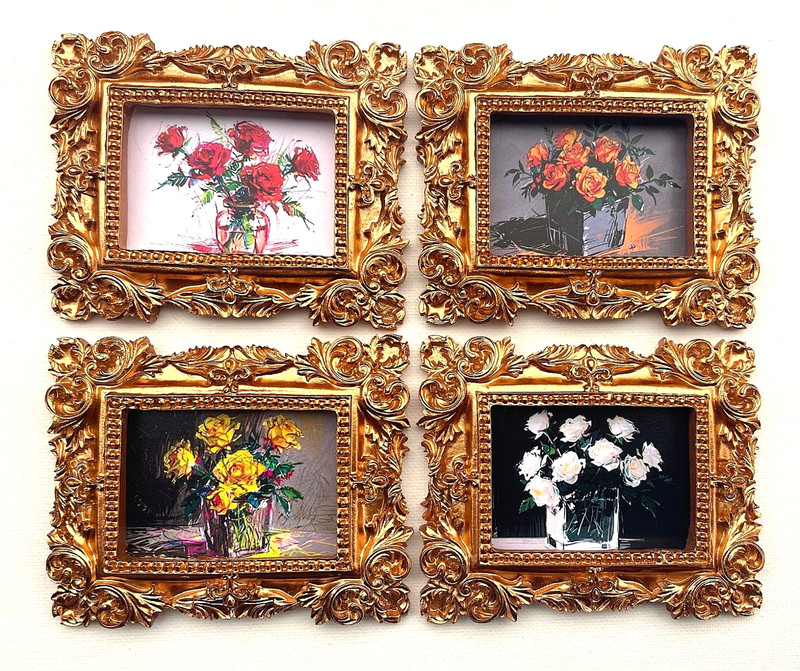 Set of 4 Roses Framed Tiny Miniature Mini ART PRINTS Gold Frames NOT ACEO gallery