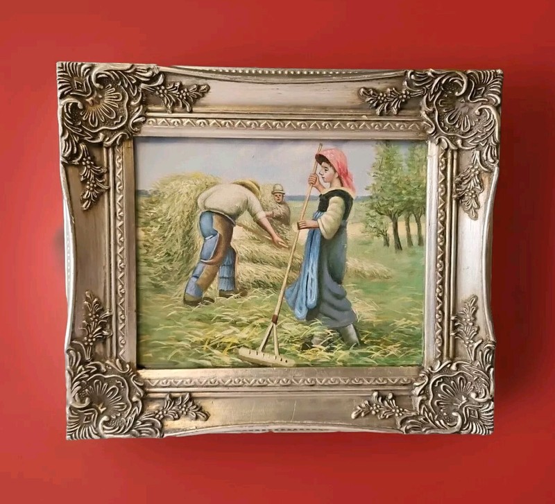 Original Painting~Harvesting In The Fields~Oil Painting on Board~FRAMED 14″x12″