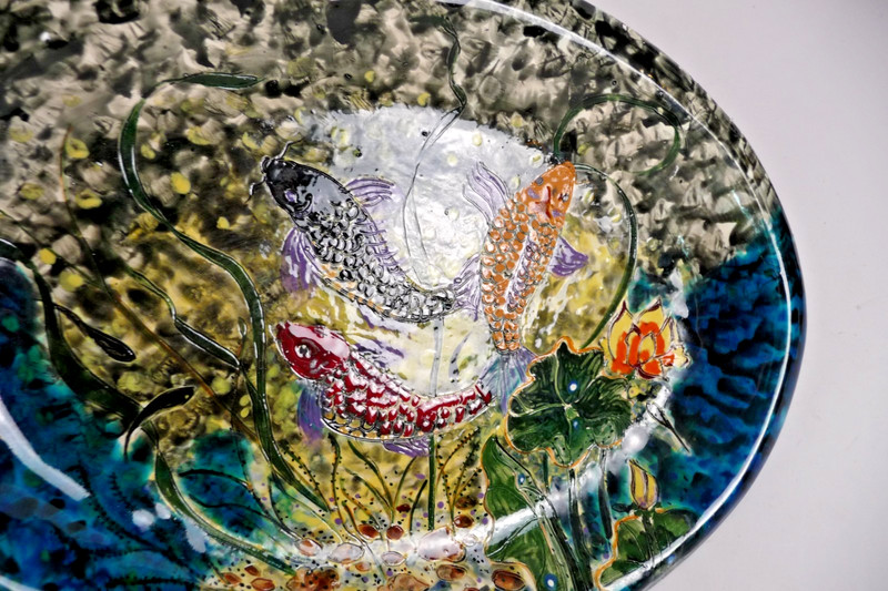 Koi Fish Pond Theme Studio Art Signed WONG Hand Painted Decor Dated 15x10 VTG gallery