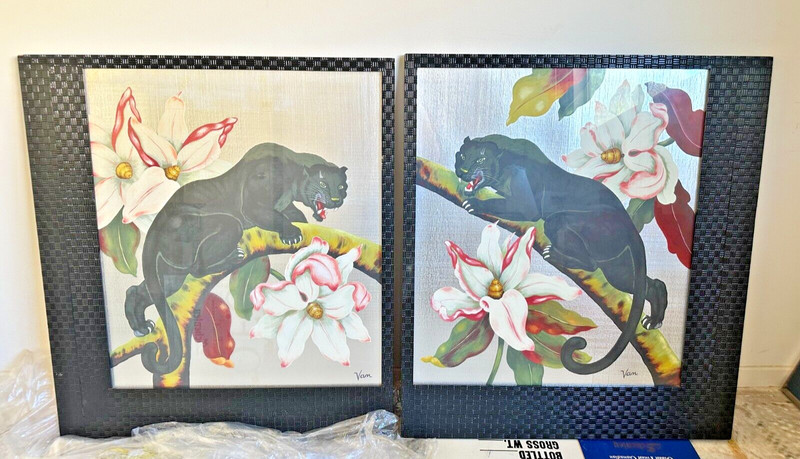 «BLACK PANTHER» ON SILVER FOIL BY VAN – ART DECO, HAND PAINTED (PAIR OF 26X30)