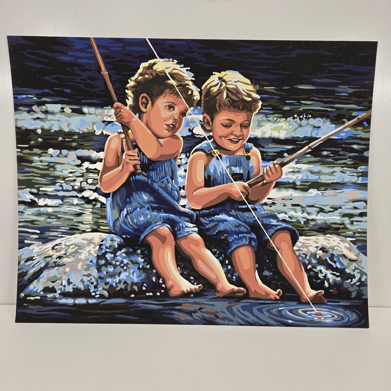 Boys Fishing Finished Acrylic Painting Paint By Number Lakeside Siblings 20×16