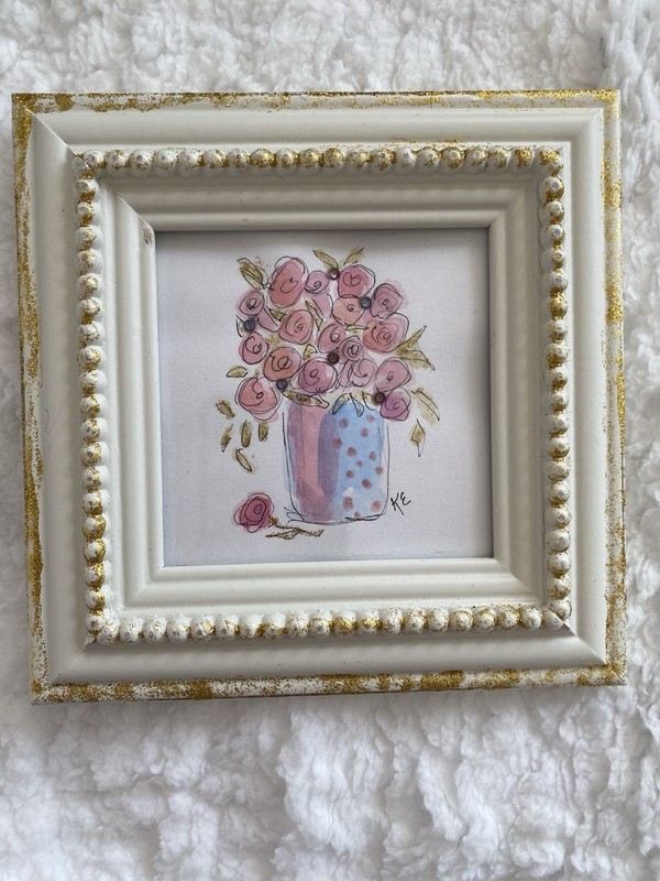 Delicate Floral original painting. In distressed White/Gold frame. 6.25×6.25in