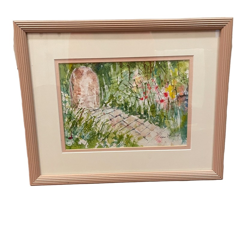 Original Artist Signed Watercolor Pastel Cottage Walkway Flowers Framed Matted