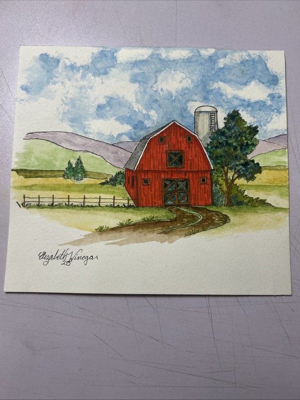 7×6.75 Old Red Barn Watercolor Painting Line and Wash Free Shipping Original Art