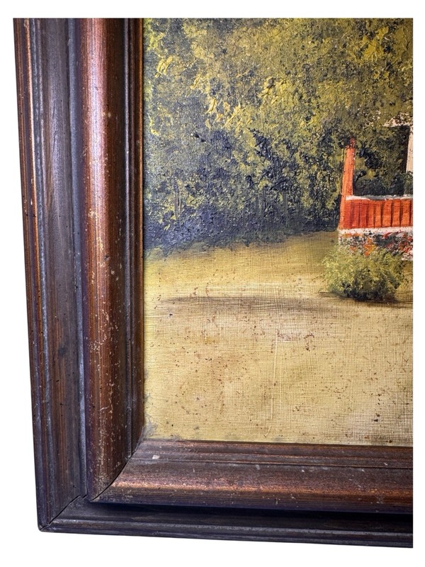 Vintage 1940s 50s Oil painting On Board Farmhouse Farm House Trees 20 X 16” gallery