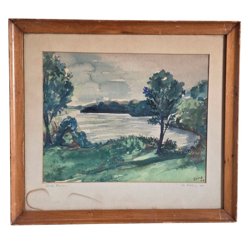 D. Ebline 1947 Riverscape Watercolor Painting of Tropical Coastal Scene 17″x15″