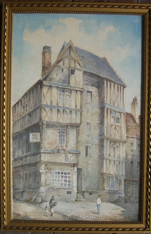 Watercolor, View of Houses, Signed, Édouard MONMELIEN (1870-1962 France Houses