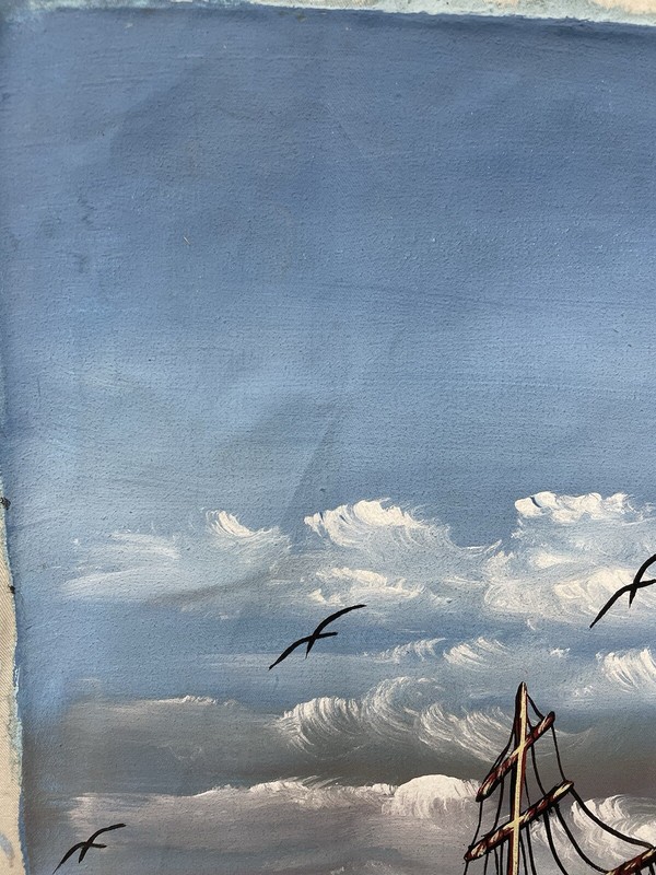 Original Haitian oil hand painting 12in x 29in sailboat fishing ocean gallery