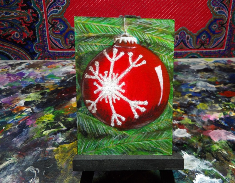 ACEO ORIGINAL ACRYLIC CHRISTMAS ART CARD HAND PAINTED CHRISTMAS TREE ORNAMENT