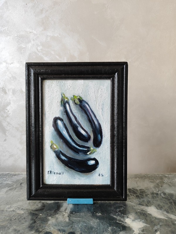 Original Eggplant Oil Painting Framed 5×7″ Vegetable Still Life Signed Wall Art