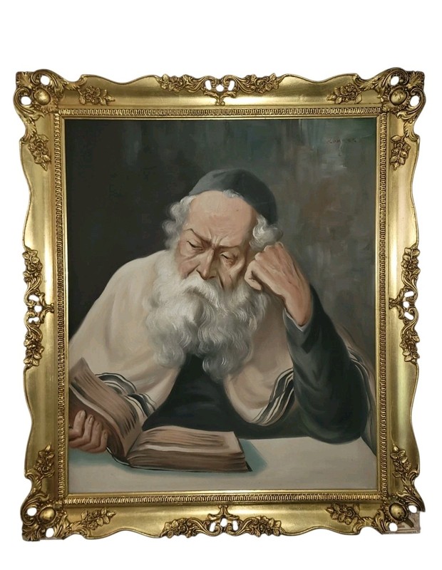 Vintage Signed Cohnar Jewish Rabbi Scholar Reading Torah Book Oil Painting Frame