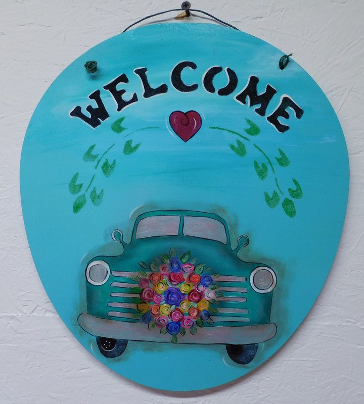 Welcome Sign with old Car & Flower Wreath Original Art Painting by Rain Crow
