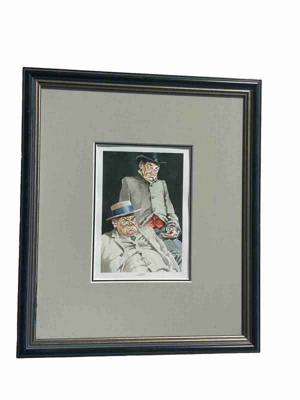 Caricature Watercolor 2 Angry Fat Man Framed Signed Greedy