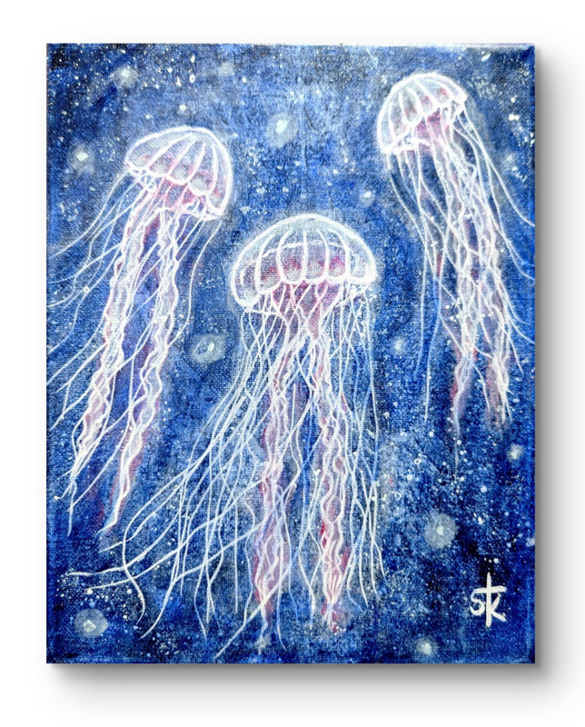 Original Hand Painted 8x10 Jellyfish Impressionist Acrylic Canvas Home Decor gallery