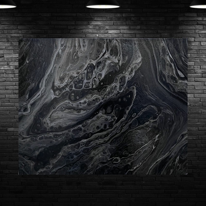 Original Abstract Fluid Acrylic Painting 11×14 Resin Wall Art Blue Silver Black