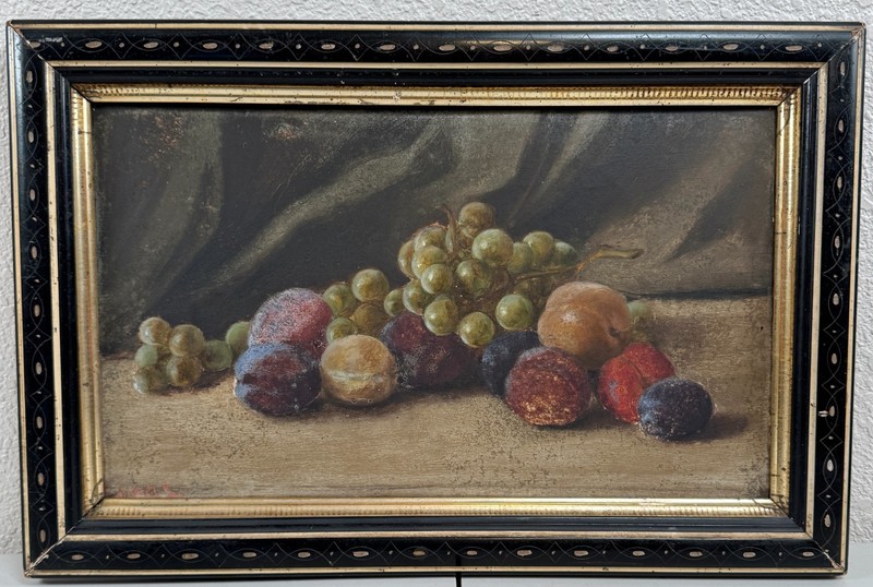 Antique Albert Lucas Oil Painting Fruit Still Life Plums Grapes 19th C. English