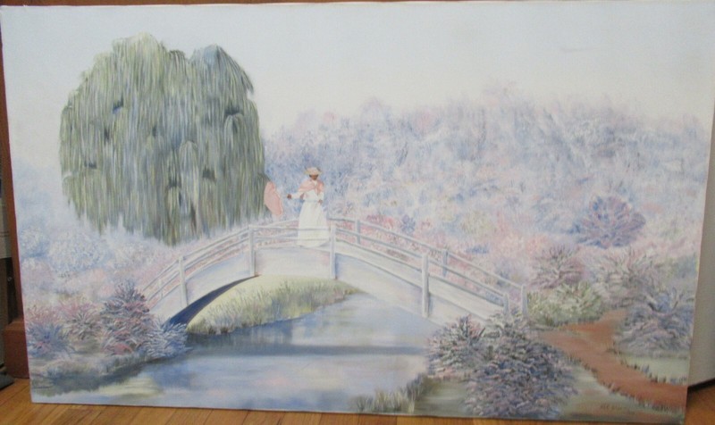 LIL STIEN WOMAN ON BRIDGE OIL CANVAS MONET STYLE IMPRESSIONIST PAINTING UNFRAMED