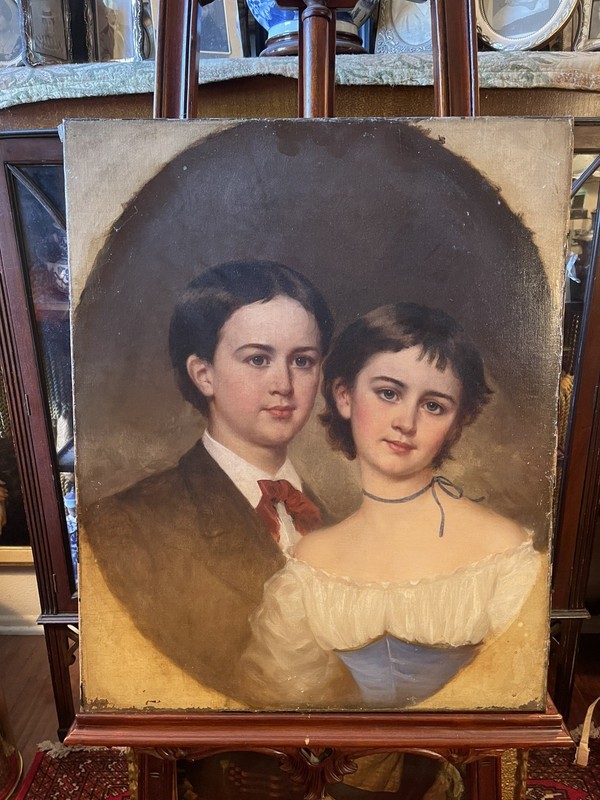 Antique 19thC American Victorian Portrait Painting of Siblings – Oil On Canvas