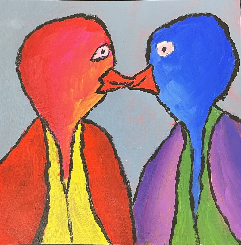 Original Love Birds Painting 8×8 Inches Acrylic on Paper Contemporary Folk Art