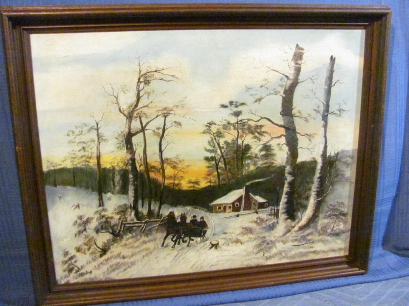 Winter Snowy Sleighride Naive/Folk Art Antique Oil Painting c.1890
