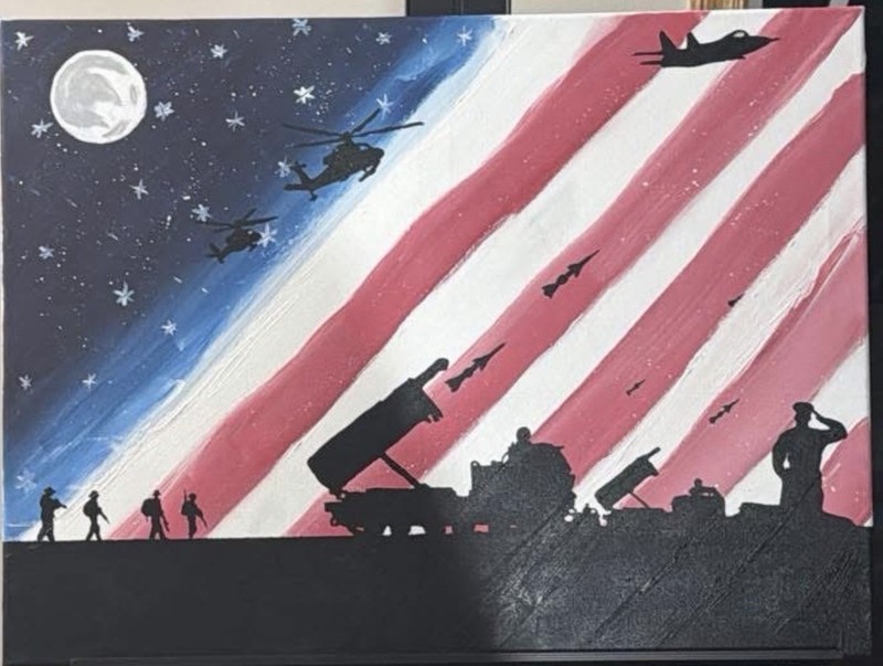 Military Soldier Aircraft American Flag Silhouette Contemporary Art Painting
