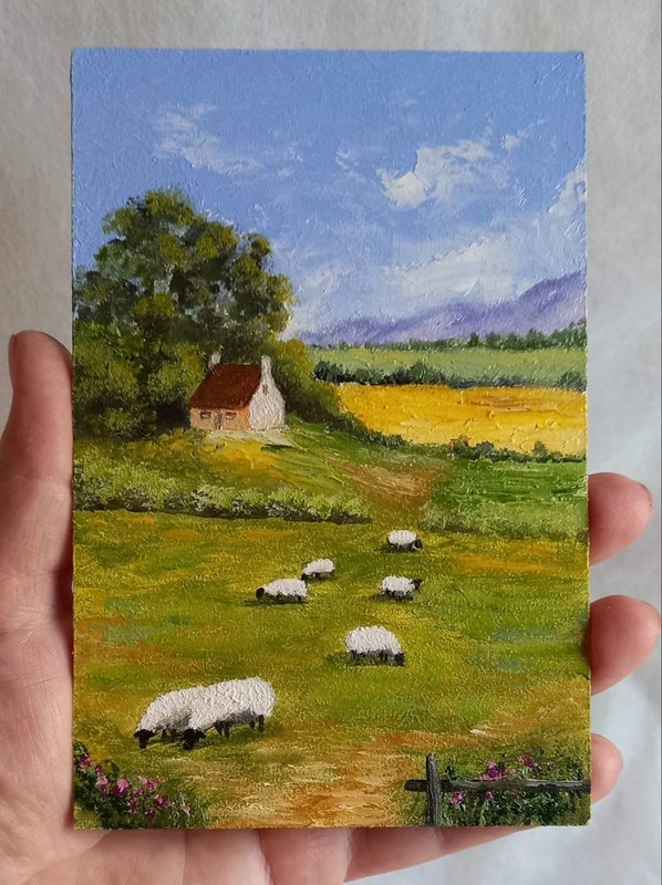 Summer Original Oil Painting Rural Landscape Sheep Grazing Wall Art 4 x 6 in