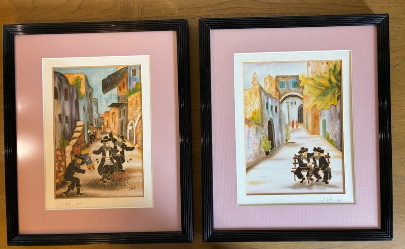 Simhat Torah Dancing Hassidim & Hassidim on a Bench Israeli Folk Art by Lavi G.