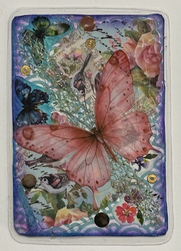 ACEO Original Laminated Sparkly Collage By Lyn’et Birds & Butterflies 2.5X3.5”