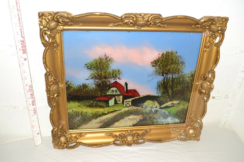 Antique/Vintage Reverse Painted Painting On Glass Gesso Frame English Cottage
