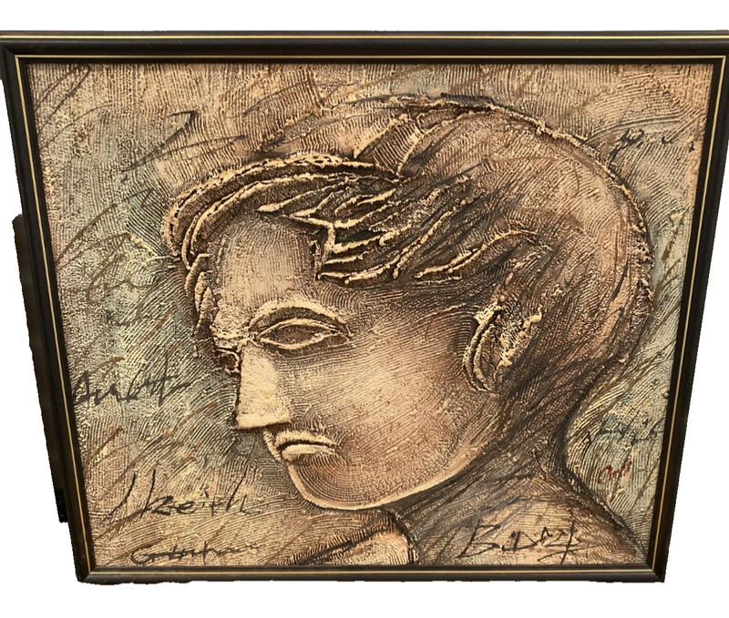 Large Impasto Painting Somber Depressed Woman Portrait Bust Signed Framed