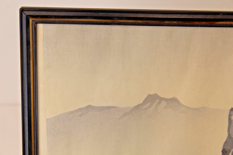 Chinese Drawing Village Mountains Water Boat Trees Signed Red Stamps Framed gallery