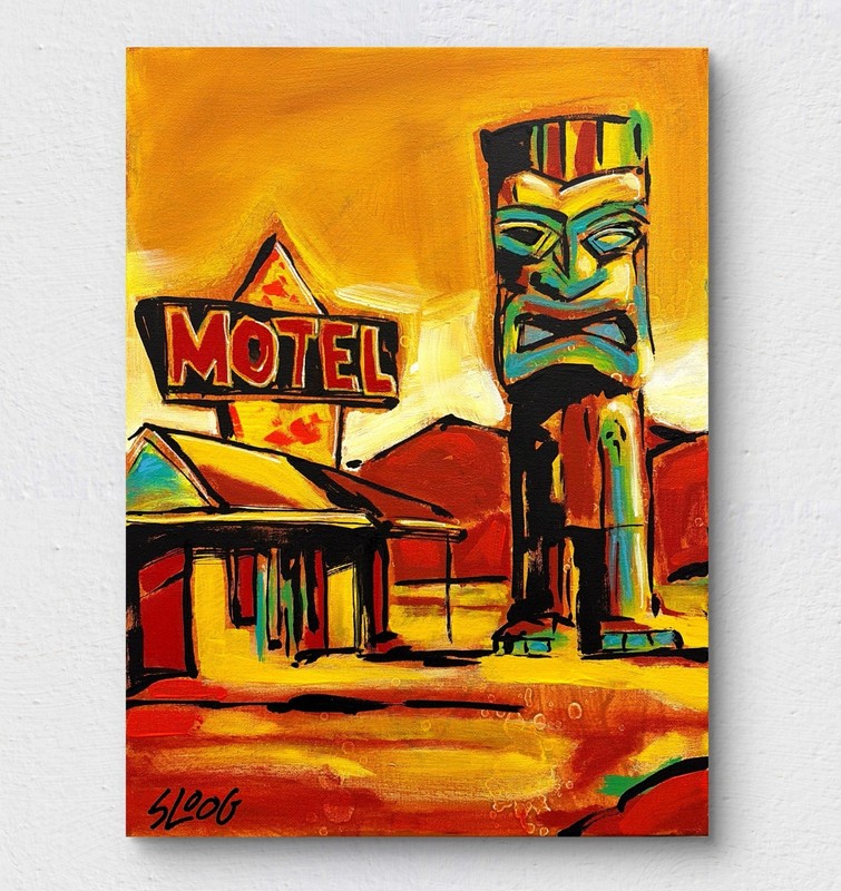 SLOOG Original Art Bold Color Modern Route 66 Landscape Art 12×16 Tiki Motel