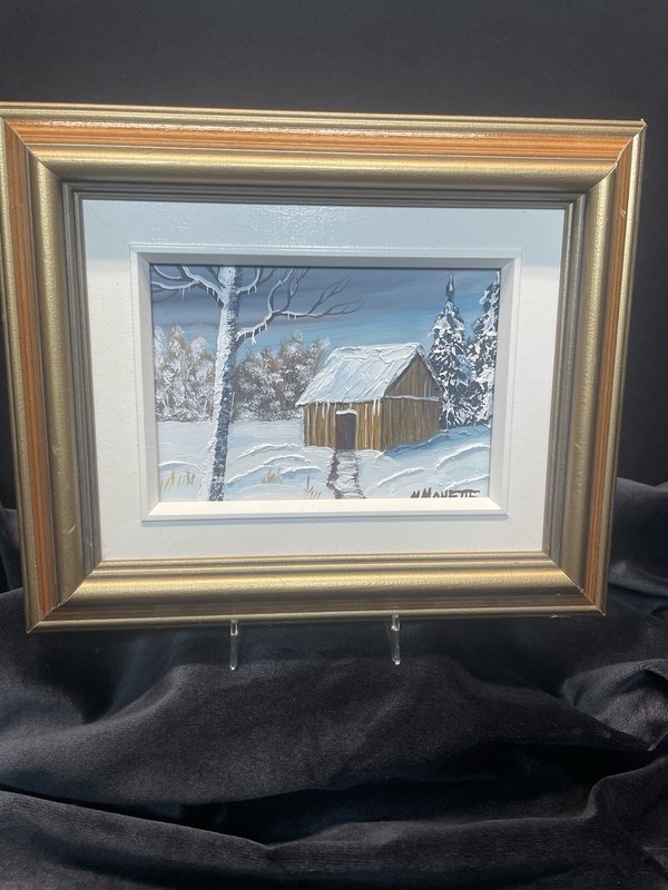 M.Monette Original Oil On Canvas 5×7 Framed Snowy Cabin/ barn. Framed 12×10