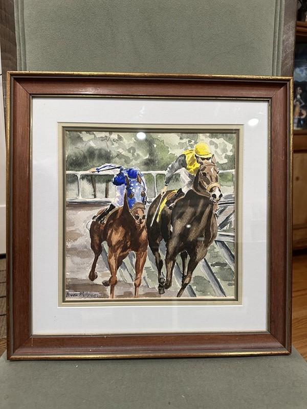 Equestrian Watercolor Painting by B. von Wellsheim Two Horses 15” X 15” Framed gallery