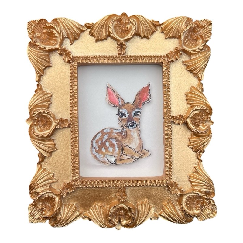 Deer watercolor print of original painting in mini vintage style ornate frame