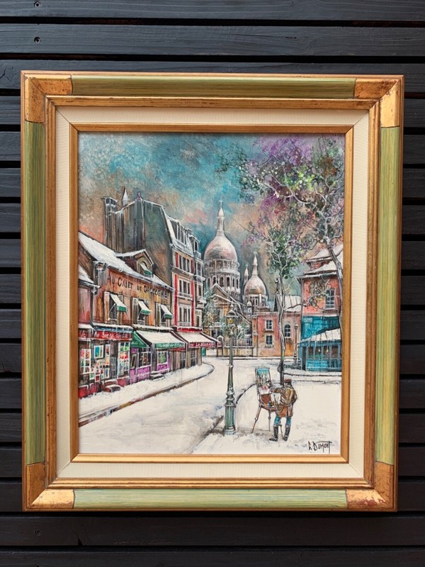 Vintage Painting Paris Snow Montmartre Place Du Tertre Self-Portrait CL. Dumont gallery