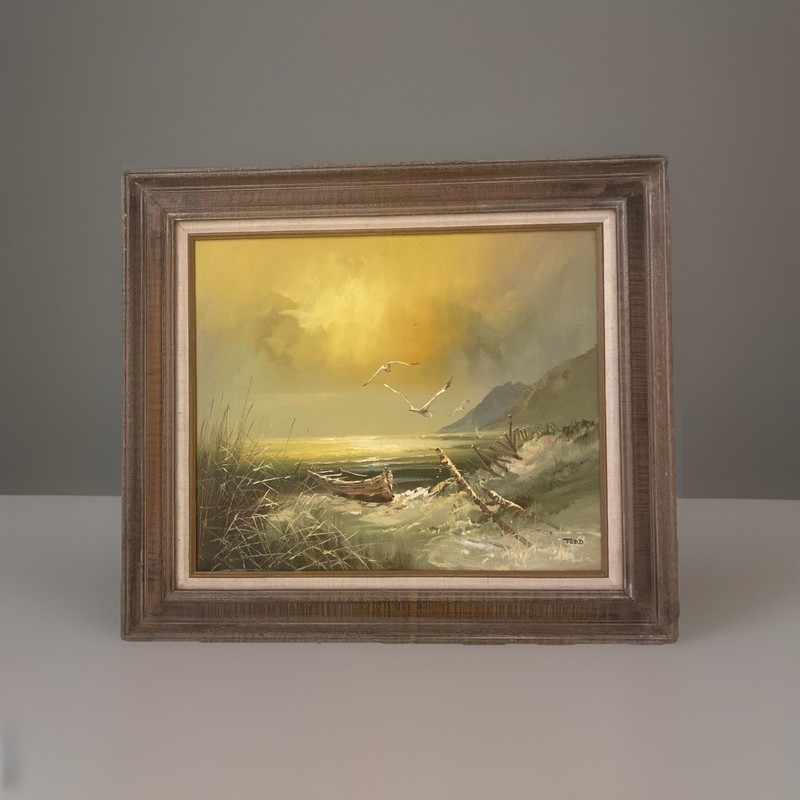 1970’s Oil Painting Seascape Beach Boat Nautical Seagulls Shore 31” X 27” Large gallery