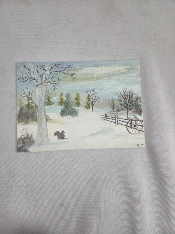 Original Framed Winter Landscape Painting 5x7 Canvas Snow Squirrel Signed B '03 gallery
